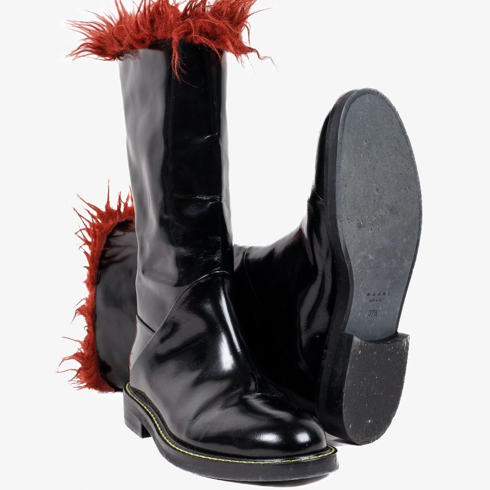 Marni Faux-Fur Trimmed Black Patent Leather Boots